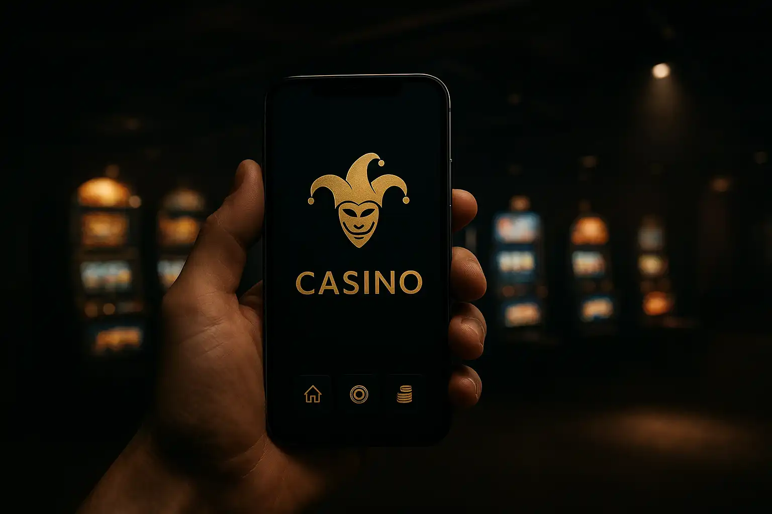 Smartphone zeigt die JokerTipp Mobile App mit Joker-Design im dunklen Spielsaal