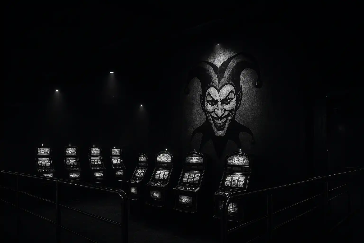 Dunkler Spielsaal mit Joker-Motiv und beleuchteten Spielautomaten bei JokerTipp